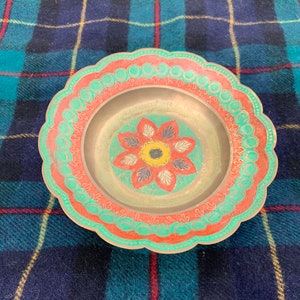 Antique Brass Compote Bowl | Enameled Hand Painted Middle Eastern Bowl