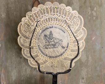 Vintage Borobudur Temple Souvenir Fan, Indonesian Buddhist Art, Handheld Woven Folk Fan, Eclectic Global Wall Decor