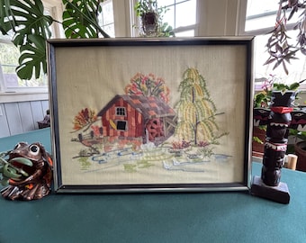 Vintage Water Mill Needlepoint in Original Frame | Antique Embroidery Needlepoint