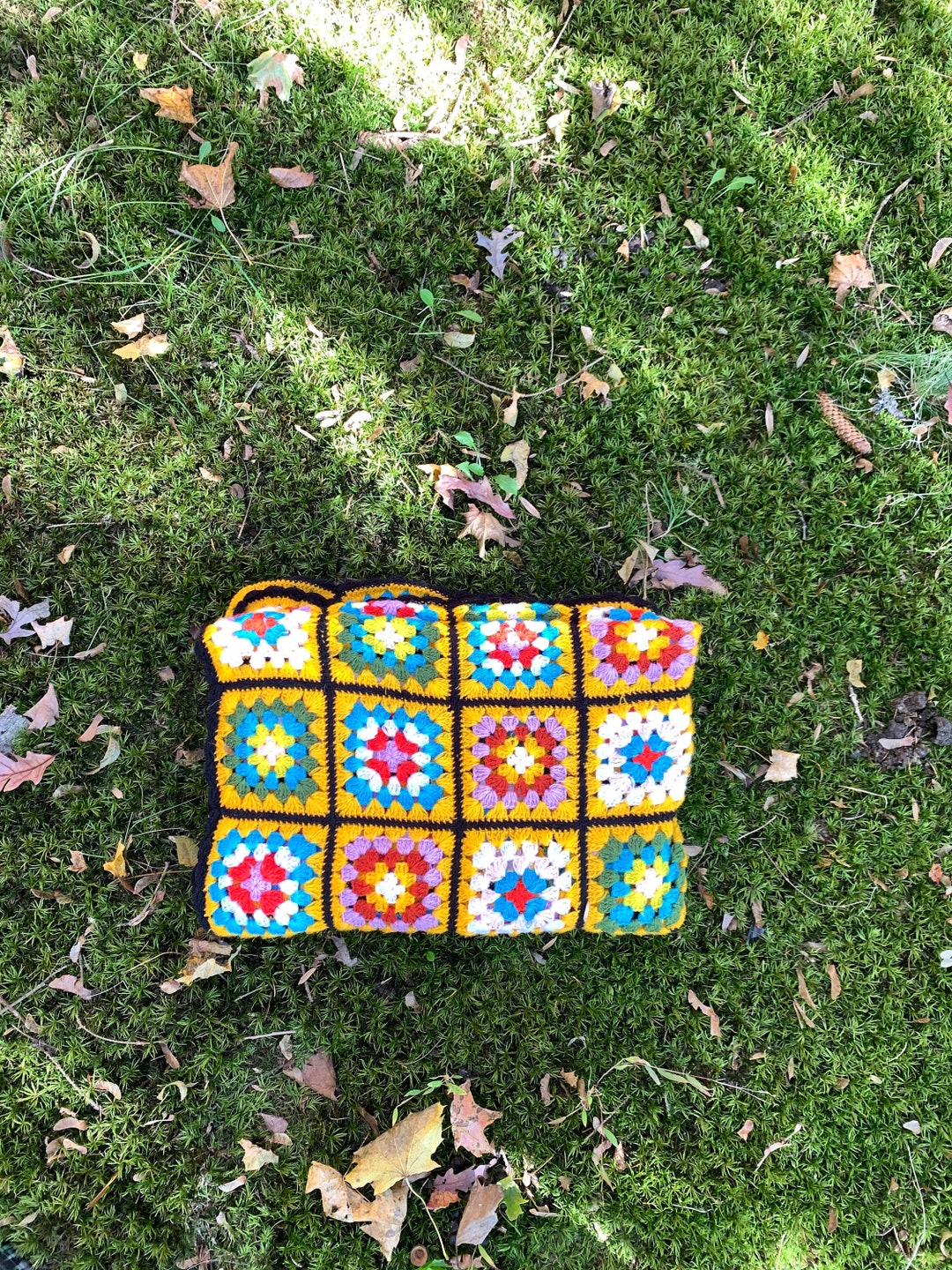 Vintage Knitted Blanket Yellow Flower Blanket Etsy