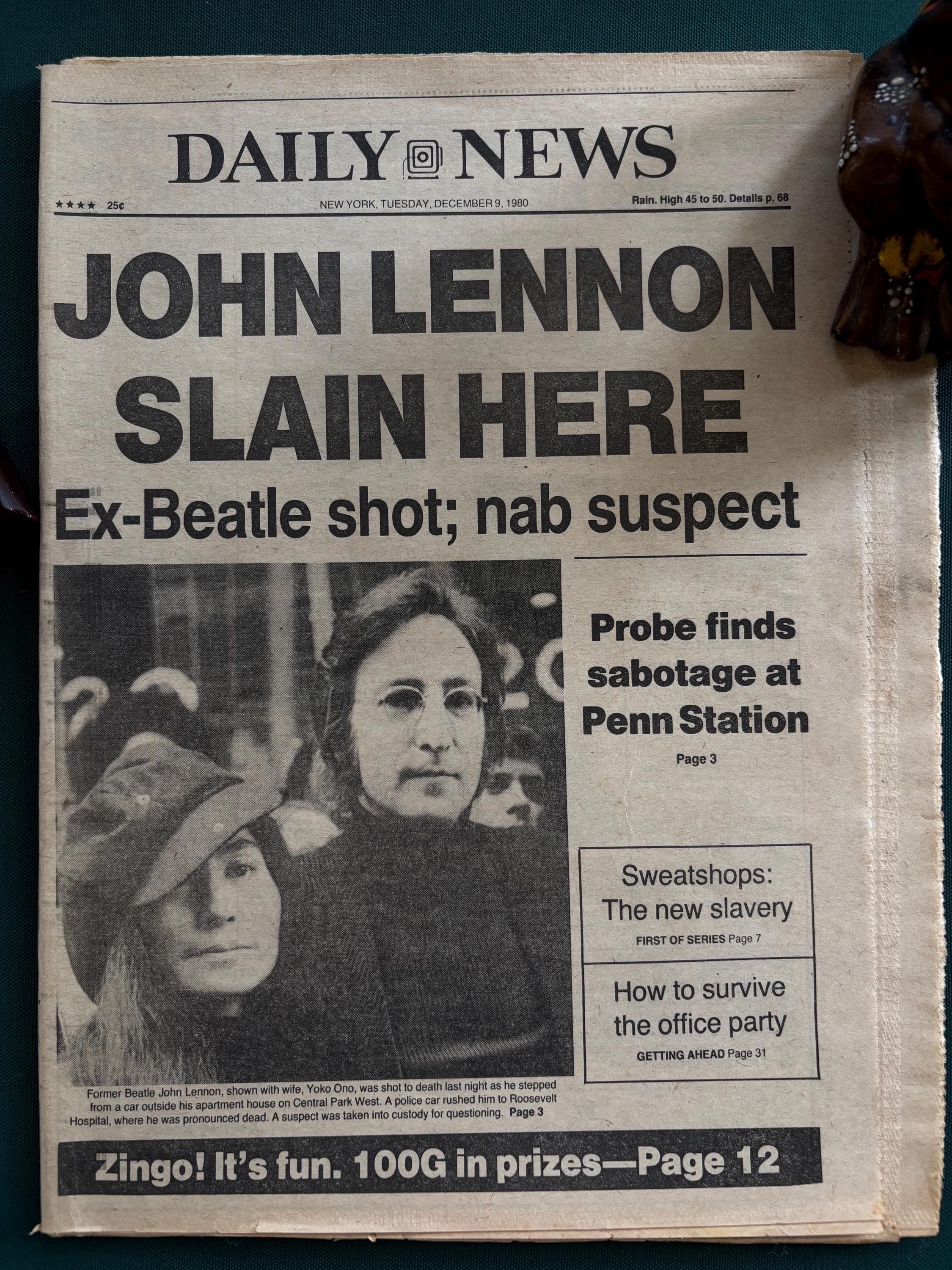 ヴィンテージのジョン・レノン暗殺新聞「デイリー・ニュース」（1980年