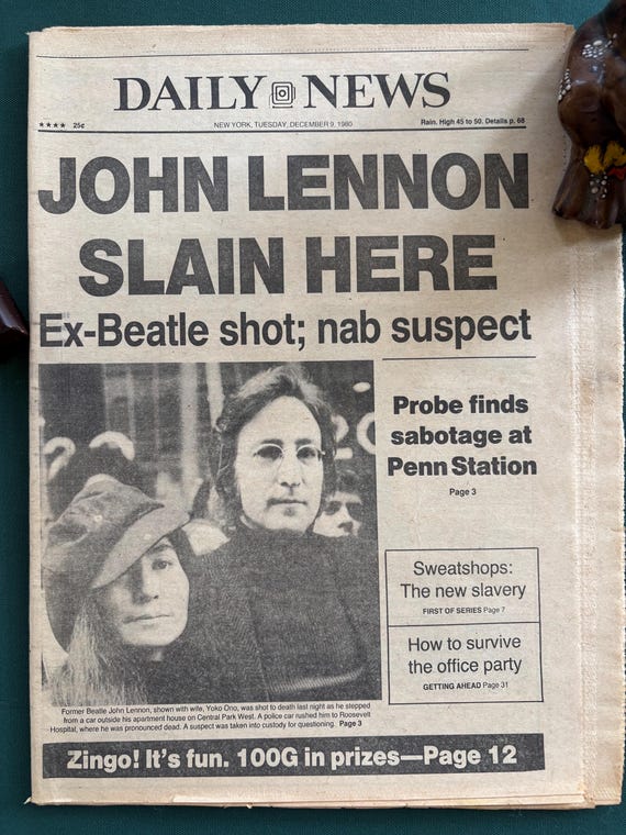 ヴィンテージ・ジョン・レノン暗殺新聞 | デイリーニュース 1980年12月