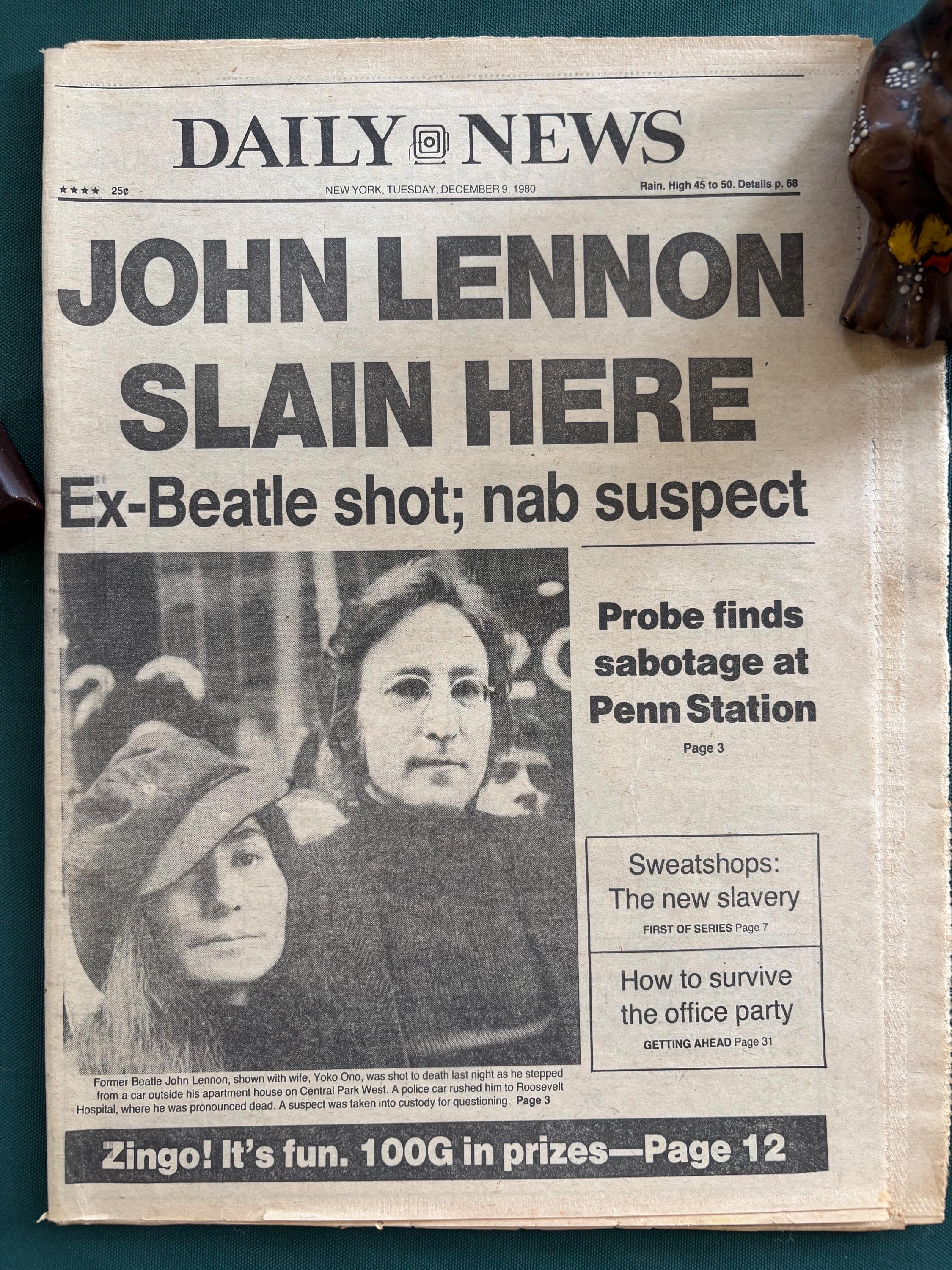 ヴィンテージ・ジョン・レノン暗殺新聞 | デイリーニュース 1980年12月