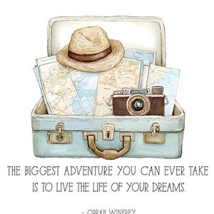 May include: Watercolor illustration of a vintage suitcase filled with travel essentials. A straw hat, maps, and a retro camera sit inside the open, light blue suitcase. The text reads: "THE BIGGEST ADVENTURE YOU CAN EVER TAKE IS TO LIVE THE LIFE OF YOUR DREAMS."