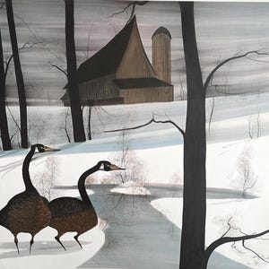 May include: A winter landscape painting featuring two geese in the foreground, with a barn and silo in the background. The geese have black heads and necks, with brown bodies. The scene is set in a snowy field with trees.