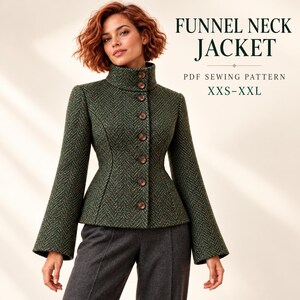 Puede incluir: Una chaqueta de cuello embudo en color verde oscuro con patrón de espiga, mangas largas acampanadas y cierre de botones. El texto dice: FUNNEL NECK JACKET PDF SEWING PATTERN XXS-XXL. La chaqueta tiene cintura entallada y cuello alto.