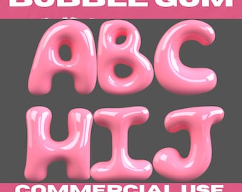 Könnte beinhalten: Rosa Buchstaben im Kaugummi-Stil: A, B, C, H, I und J auf grauem Hintergrund. Die Buchstaben sind glänzend und dreidimensional. Die Worte "BUBBLE GUM" stehen oben und "COMMERCIAL USE PNG SVG JPG" unten.