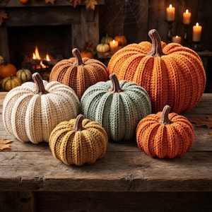 May include: A collection of six crocheted pumpkins in various sizes and colours, including cream, mustard yellow, sage green, and shades of orange. Each pumpkin features a ribbed texture and a brown crocheted stem, arranged on a rustic wooden surface.