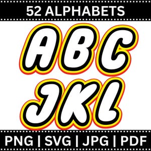 Puede incluir: Gráfico con el texto "52 ALPHABETS" en la parte superior, las letras ABC y JKL en negrita blanca con contornos negros y amarillos. La parte inferior muestra "PNG | SVG | JPG | PDF".