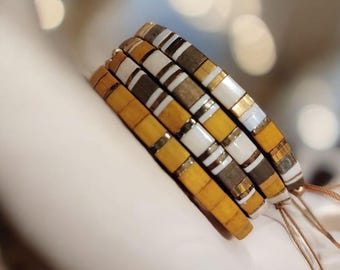 Miyuki Tila bead bracelets, bronze, beige, mustard with sliding knot or elastic for women.