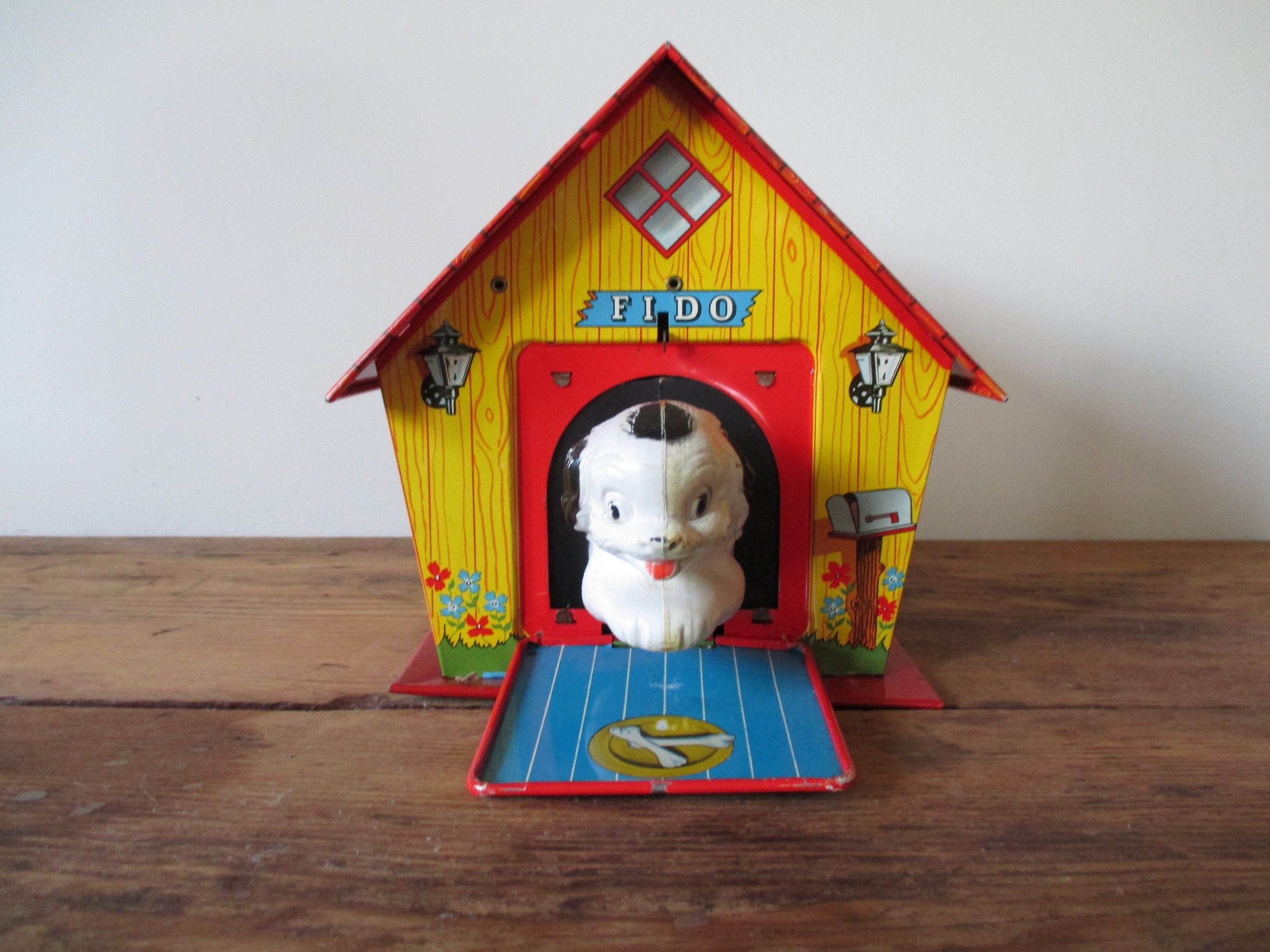 Vintage Fido's Musical Dog House Tin Toy 1950's