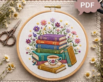 Patrón de bordado de libros, diseño floral de estantería, costura para principiantes (descarga digital)