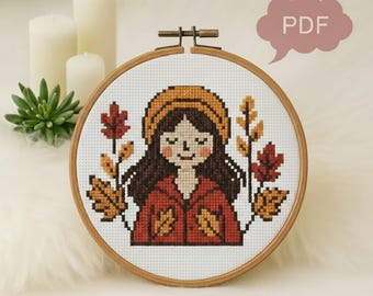 Beginner Autumn Girl Cross Stitch PDF Pattern | Instant Download Embroidery Guide | DIY Fall Project