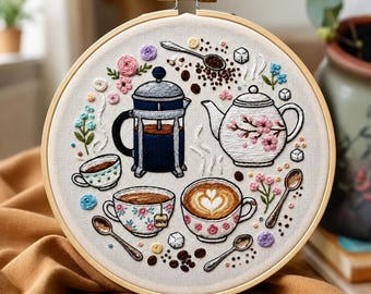 Kit de bordado Coffee Time: Diseño floral moderno, bricolaje para principiantes
