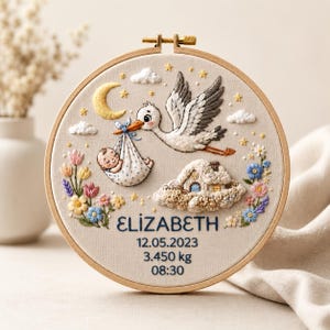Può includere: Un telaio da ricamo circolare con una cicogna che trasporta un bambino, una luna crescente, nuvole, una piccola casa e fiori. Il testo ELIZABETH, 12.05.2023, 3.450 kg e 08:30 è ricamato in filo blu scuro su un tessuto color beige.