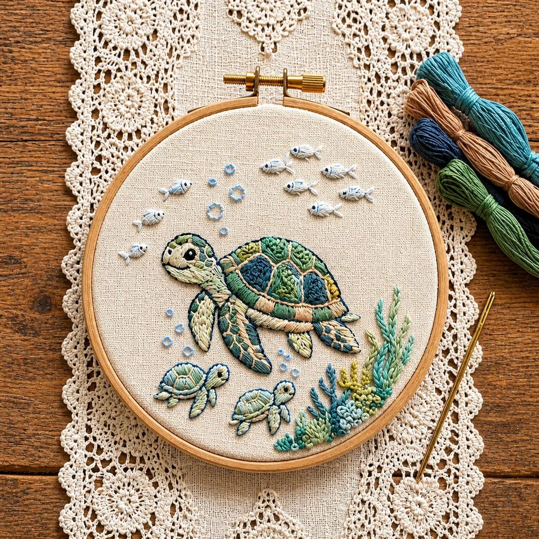 Embroidered Turtle Simple 3D Sea Turtle Embroidery Kit – Textured Ocean Life Needlework Hoop Art ...