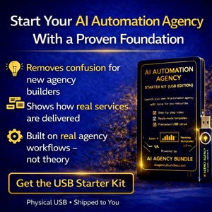 Peut inclure: Image promotionnelle pour une agence d'automatisation de l'IA. L'image présente une clé USB et une boîte noire intitulée "AI Automation Agency Starter Kit (USB Edition)". Le texte met en évidence les principales caractéristiques.