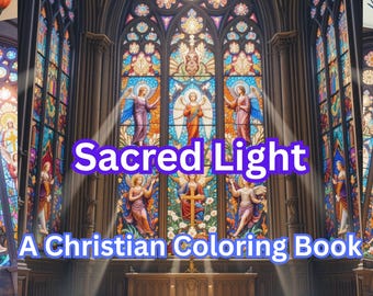 Könnte beinhalten: Ein Stapel von "Sacred Light" christlichen Malbüchern. Das Cover zeigt ein Buntglasfenster mit Figuren und einem Kreuz, in einem Kircheninnenraum. Der Titel ist in lila Schrift, mit den Worten "Light & Bloom Designs" oben.