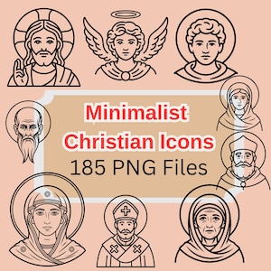Puede incluir: Una colección de iconos cristianos minimalistas en arte lineal negro sobre un fondo melocotón claro. La imagen incluye ilustraciones de Jesús, ángeles y santos, con el texto "Minimalist Christian Icons 185 PNG Files".