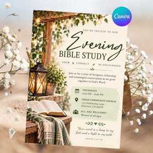 May include: A flyer for an Evening Bible Study featuring text, a lantern, an open book, and a green plaid blanket. The text includes event details, location, and Psalm 119:105. The design is decorated with hanging string lights and greenery.