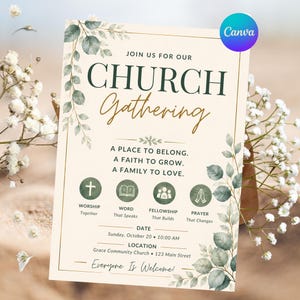 May include: A rectangular church gathering invitation card with a cream background, green eucalyptus leaf borders, and dark green and gold text. It features icons for worship, word, fellowship, and prayer, with date and location details included.