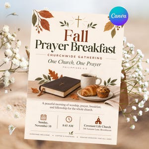 Può includere: Un volantino per una colazione di preghiera autunnale con il testo Fall Prayer Breakfast, Churchwide Gathering, One Church, One Prayer, Philippians 4:6, Sunday, November 10, 8:45 AM, e Covenant Life Church, 540 Autumn Lane, Brookhaven.