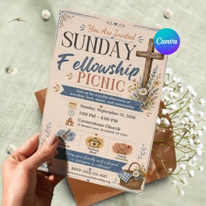 Op de afbeelding: Een rechthoekige uitnodigingskaart voor een zondagse gemeenschapspicknick met een houten kruis, bloemillustraties en een picknickmand. De tekst luidt: You Are Invited SUNDAY Fellowship PICNIC, Sunday, September 21, 2026, 13:00 - 16:00 uur.