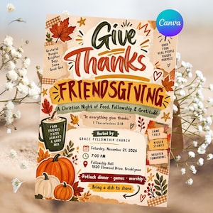 Personalized Christian Friendsgiving Invitation, Church Thanksgiving Potluck Party, Colorful Fall Scrapbook Theme, Editable Canva