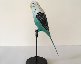 Paper mache parakeet sculpture, paper maché bird