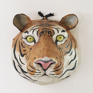 Testa di tigre di cartapesta, decorazione di parete, animale tigre, decorazione safari, animale di carta, felino, fatto a mano