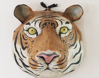 Paper mache tiger head, faux taxidermy sculpture, wall decor tiger, recycled paper art