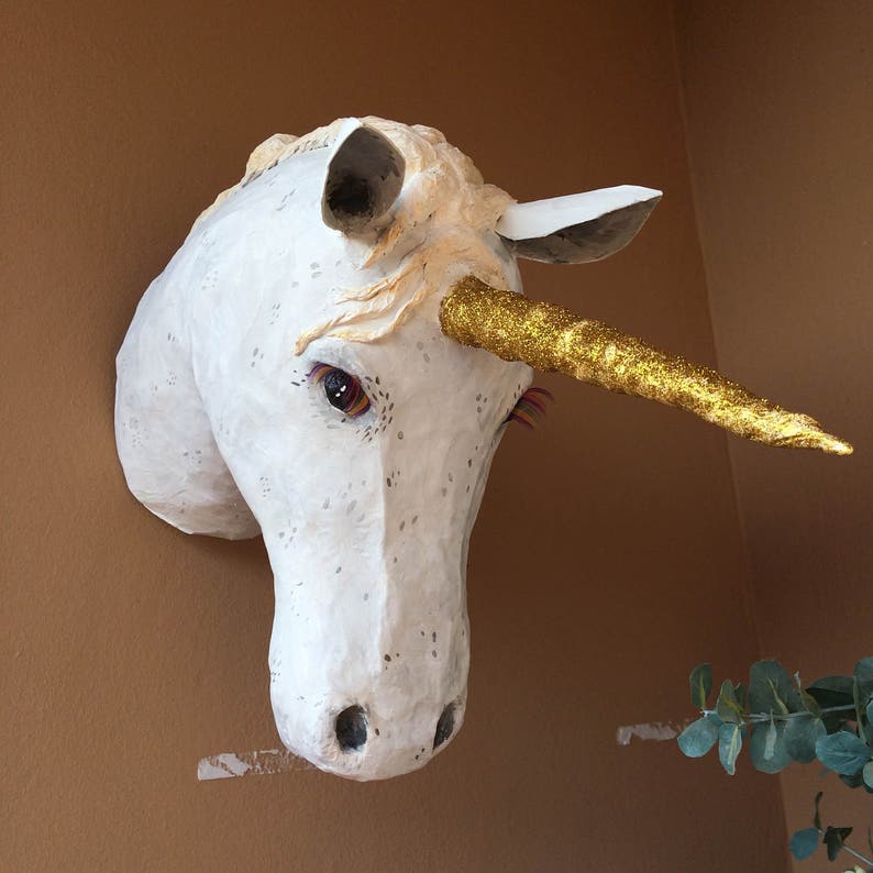 Paper mache unicorn head faux taxidermy unicorn wall decor