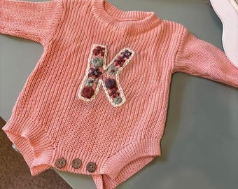 Hand Embroidered Baby Sweater | Personalized Floral Initial | Keepsake Baby Gift