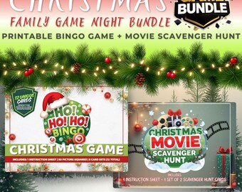 May include: A Christmas Family Game Night Bundle with a printable Bingo game and a movie scavenger hunt. The image features two game boxes with festive designs, including a Santa hat and Christmas ornaments. The text reads "Christmas Game" and "Christmas Movie Scavenger Hunt".