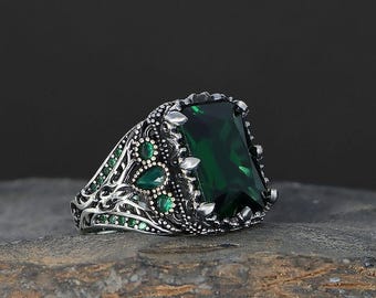 Ottoman Style Square Cut Emerald Stone 925 Sterling Silver Men’s Ring