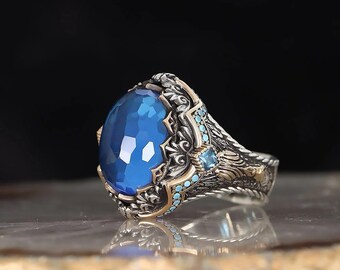 Handcrafted Sterling Silver Men’s Ring with Aquamarine Stone and Ottoman Engraving