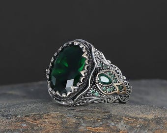 Men’s 925 Sterling Silver Ring with Green Zircon Stone | Ottoman Vintage Design Statement Ring
