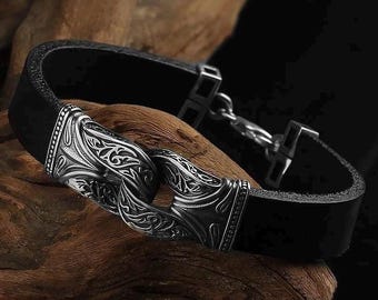Viking Leather Bracelet for Men – Sterling Silver Norse Cuff, Adjustable Nordic Jewelry Gift