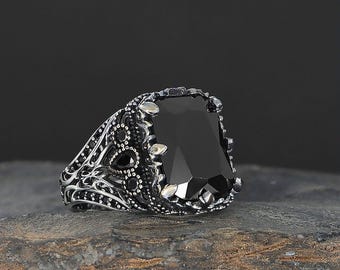 Handmade Ottoman Black Onyx Sterling Silver Ring, Vintage Turkish Jewelry