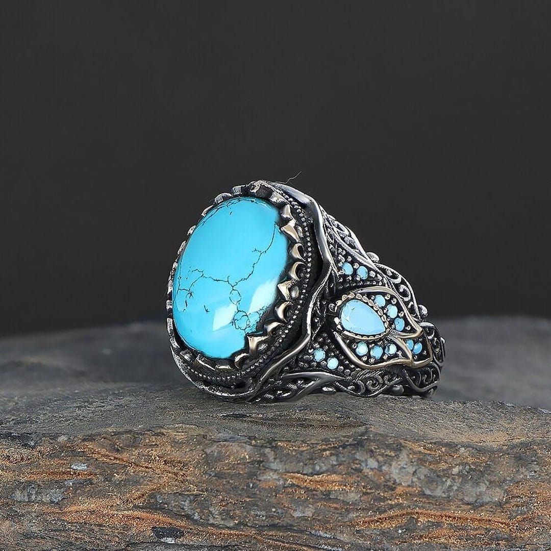 Vintage Ottoman Style Turquoise Stone 925 Sterling Silver Men’s Ring ...
