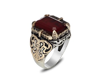 Vintage Ruby Sterling Silver Men’s Ring – Ottoman Engraved Design