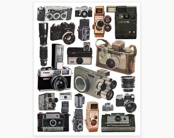 Può includere: Un collage di macchine fotografiche vintage in vari stili e colori, tra cui una Canon, una Polaroid e alcune con custodie in pelle.