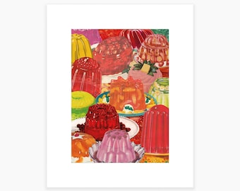 May include: A colourful assortment of red, orange, yellow, green and pink jelly desserts in various shapes and sizes. The jelly is arranged on plates and platters, with some pieces overlapping.