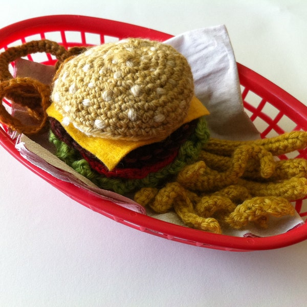 15 pc Crochet Hamburger, Fries and Onion rings (Pretend children toy)