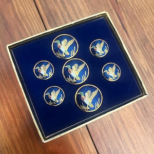 May include: A set of seven round buttons arranged in a square display box with a dark blue velvet interior. Each button features a gold-tone rim and a central illustration of a mallard duck in flight against a deep blue background with gold reeds.