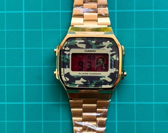Casio A168 Gold Camo Mod – Custom Red LCD Screen, Retro Digital Watch, Handmade Mod