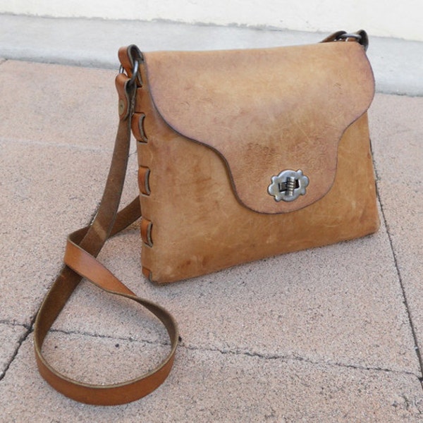 Vintage 70s Small RUSTIC Tooled Leather Bag