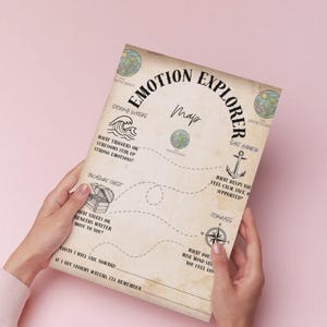 May include: A vintage-style "Emotion Explorer" map with a compass, anchor, and treasure chest illustrations. The map includes prompts about emotions and is held against a pink background.