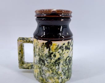 Vintage Abenakis Ceramic Lidded Mug Stein Green Brown Drip Glaze Studio Pottery