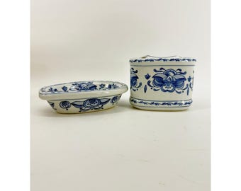 Unbranded Bathroom Vanity Set 1970s OS Blue White Floral Ceramic 2pc Vintage